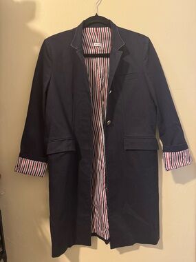 Thom Browne Navy Trench Coat with Red-White-Blue Striped Lining